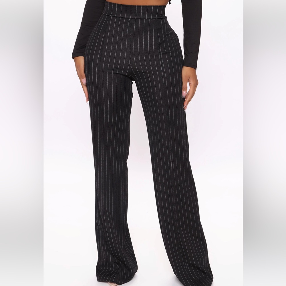 High waisted black pinstripe pants